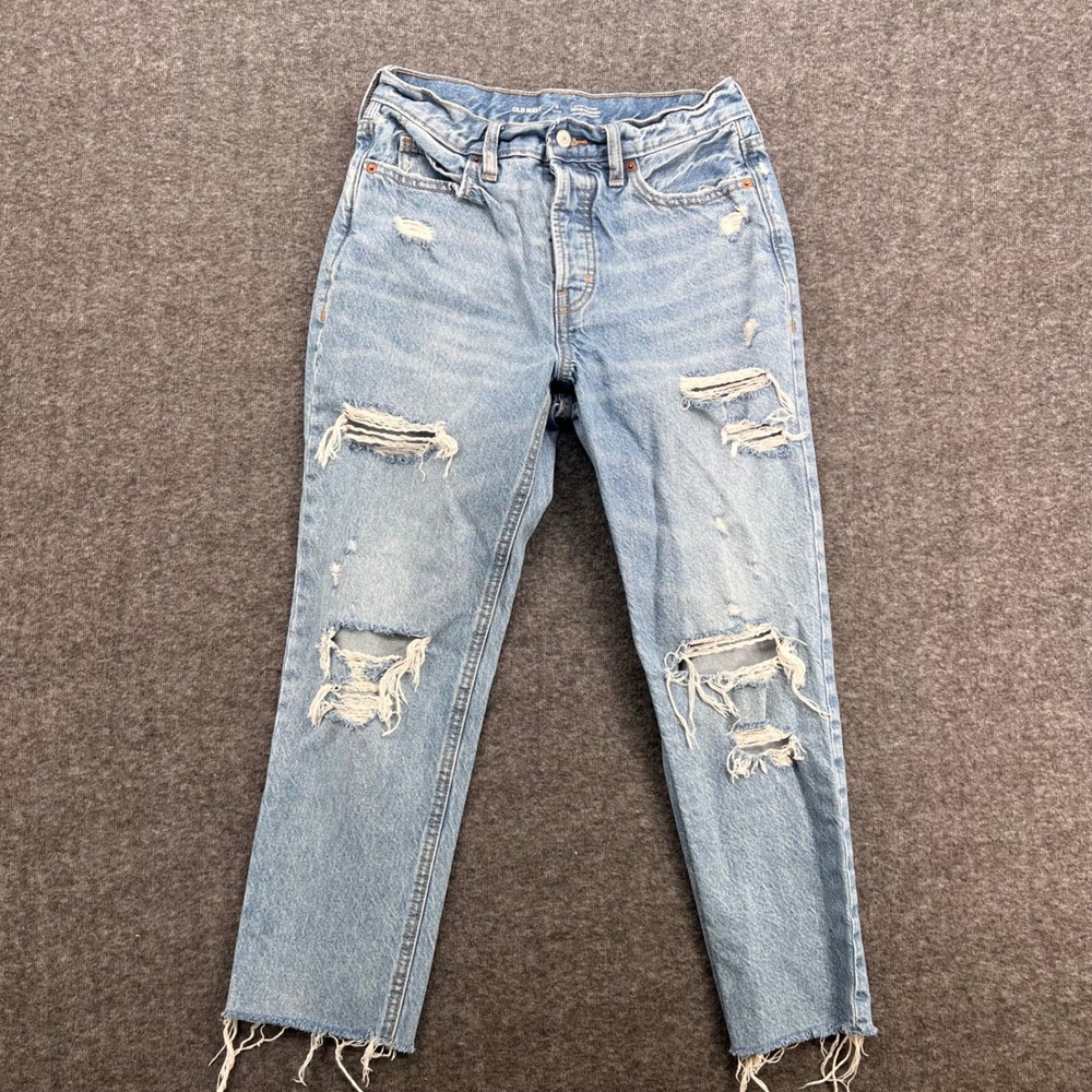 Old Navy Sky-Hi Straight Distressed Crop Jeans Light Wash Women 4 Petite Raw Hem